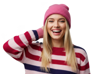 Smiling woman with pink hat and sweater on transparent background