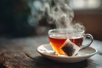 Steaming tea in glass cup with teabag, on wooden table and white saucer. Use for relaxation, wellness, or healthy lifestyle concepts and advertising.