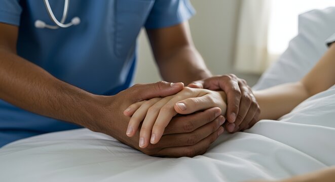 A comforting image of a healthcare professional gently holding a patient's hand, showcasing care and support in a medical setting