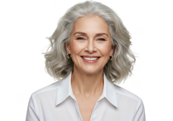 Smiling woman with silver hair portrait on transparent background