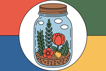 Miniature Garden Bench Inside Mason Jar with Flowers and Stone Path Illustration