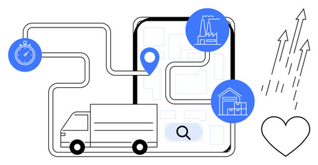 Delivery truck navigating a mapped route with GPS locator, stopwatch, factory, and warehouse icons. Ideal for logistics, transportation, efficiency, supply chain, production planning simple flat