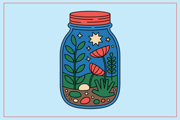 Miniature Garden Bench Inside Mason Jar with Flowers and Stone Path Illustration