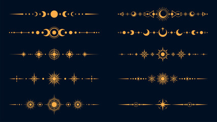 Mystic celestial divider borders with esoteric magic symbols, vector set. Golden border dividers with sun, moon and stars, mystic celestial decorations for esoteric Tarot frames or sacred geometry © Buch&Bee
