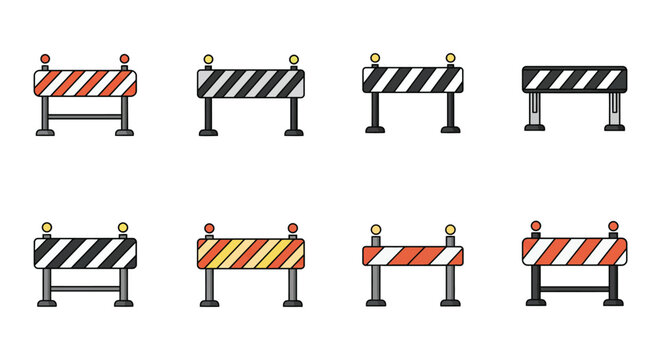 Colorful collection of construction barriers and road safety blockades displayed