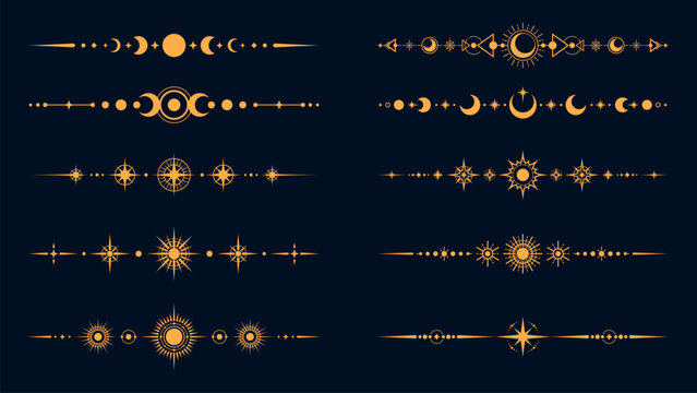 Mystic celestial divider borders with esoteric magic symbols, vector set. Golden border dividers with sun, moon and stars, mystic celestial decorations for esoteric Tarot frames or sacred geometry
