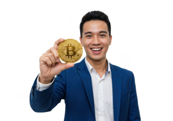 Man smiles holding golden bitcoin currency on transparent background