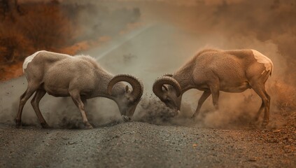 Obraz premium Two bighorn sheep engaging in a headbutt on a dusty road during twilight hours with orange hues