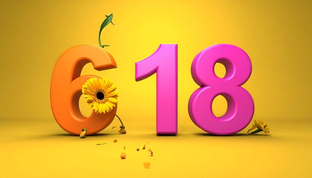 Vibrant digital artwork displaying the numbers "6," "1," and "8" in cheerful colors, accented by whimsical floral elements on a sunny yellow background