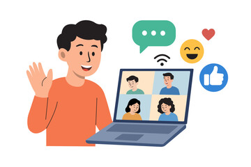 Vector illustration of a young man waving during a group video call on laptop screen, with four participants, chat bubbles, and emojis. Perfect for online meeting, remote work, and digital communicati