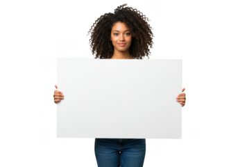 Woman holds blank sign for message display on transparent background