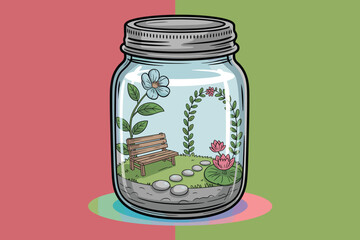 Miniature Garden Bench Inside Mason Jar with Flowers and Stone Path Illustration