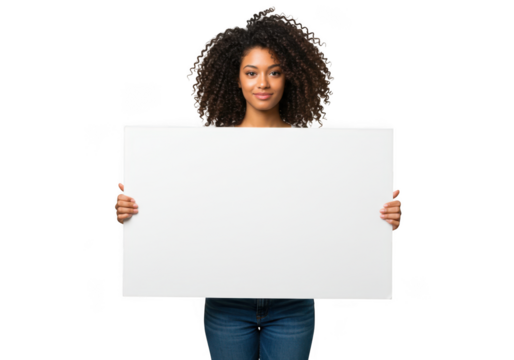 Woman holds blank sign for message display on transparent background