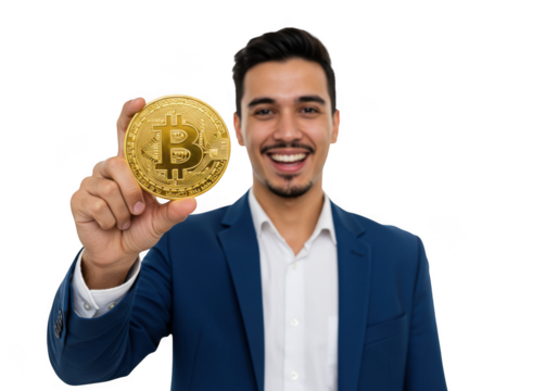 Man showing golden bitcoin cryptocurrency on transparent background