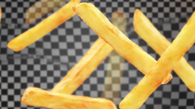 Floating french fries against checkered backdrop