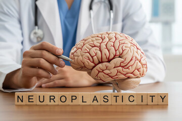 Doctor points to brain model, "NEUROPLASTICITY" spelled out. Ideal for medical, science, education, psychology, and neuroscience concepts.
