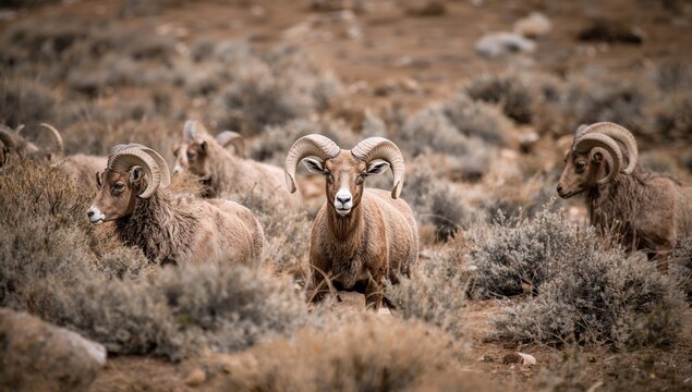 A group of wild sheep or bighorn rams amidst dry grasses and shrubbery in a rugged terrain