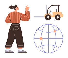 Woman gesturing towards a forklift and a globe with connection points. Ideal for logistics, transportation, supply chain, global network, delivery services, business strategy, simple flat metaphor