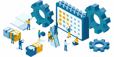 Teamwork and planning concept with isometric people interacting with gears and a calendar
