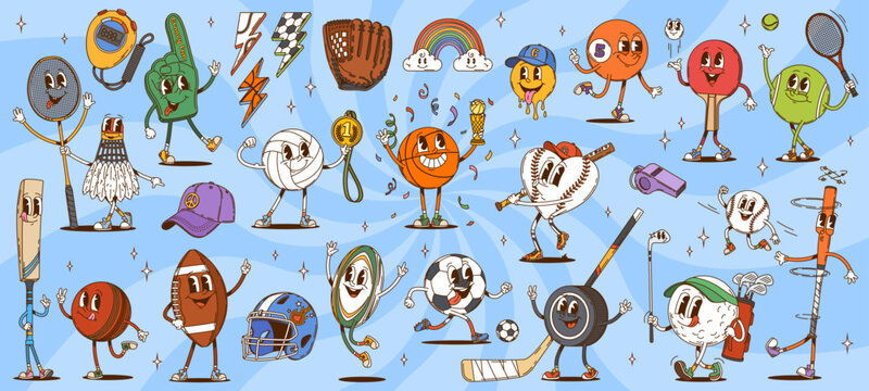 Cartoon groovy sport characters. Vector retro y2k sports equipment and accessories, basketball, baseball, soccer balls, hockey puck, racket, glove and cap celebrating victory with medals and trophies