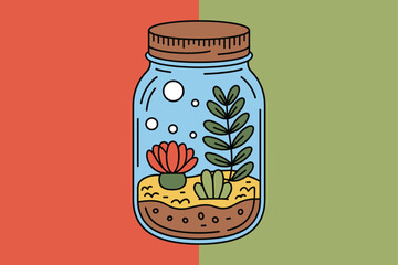 Tiny Forest Cottage Inside Glass Jar Illustration with Stone Path and Succulents