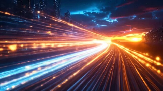 Hyperlapse of a futuristic urban landscape with vibrant light trails and motion blur, creating a