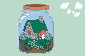 Miniature Garden Bench Inside Mason Jar with Flowers and Stone Path Illustration