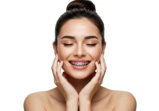 Woman smiling with braces and closed eyes on transparent background - Powered by Adobe