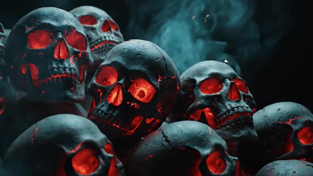 A terrifying pile of dark, cracked skulls with glowing orange-red eyes and fissures, emanating eerie blue smoke in a dark, ominous setting.