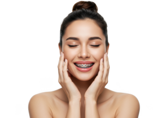 Woman smiling with dental braces visible on transparent background