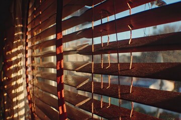 Wooden blinds, sunlit, slats, window view
