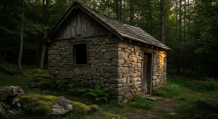 Fototapeta premium Luminous stone cabin in forest