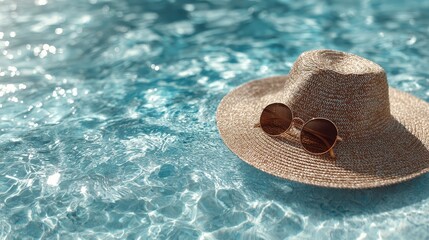 Stylish straw hat and sunglasses by cool, blue, rippling pool water. Perfect for illustrating summer vacation, relaxation, or holiday lifestyle.
