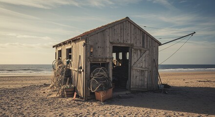 Old wooden fishing hut on beach