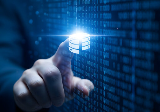 A finger touching a glowing stack of digital coins or data blocks on a background of binary code, representing financial technology and data security