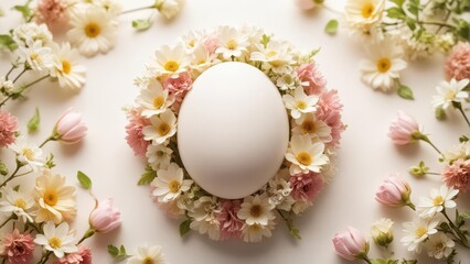A delicate white egg nestled in a small flower frame with a soft