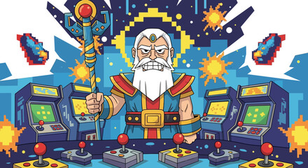 Powerful wizard character in a retro arcade setting.