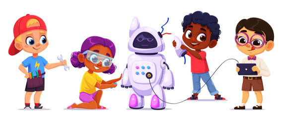 Kids assemble and repair robot in children school class of robotic science, cartoon vector. Kid inventors assembling futuristic robot droid or cyborg bot, repairing and programming with tablet control