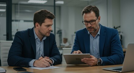 Two business professionals in a modern office setting, engaged in a collaborative discussion, reviewing a digital tablet and documents.