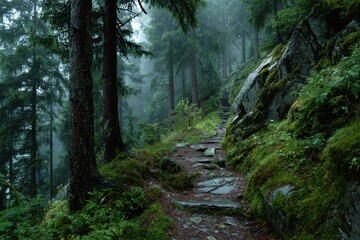 Obraz premium A stone path leads up through a misty, lush green forest landscape. Ideal for projects needing nature, adventure or peaceful backgrounds.