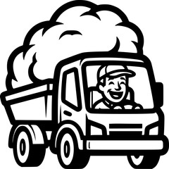 Delivery Delight: A jovial driver navigates a dump truck overflowing with a fluffy cloud, symbolizing cheerful delivery.