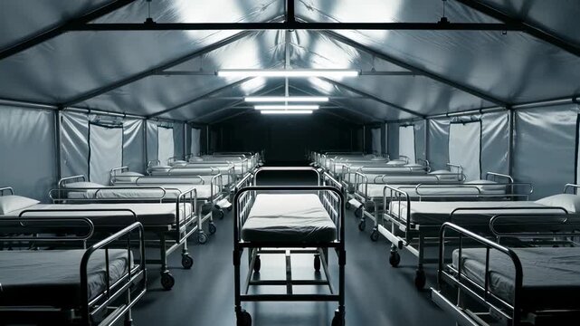 Rows of empty hospital beds in a temporary field hospital or emergency medical tent