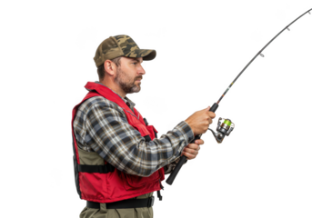 Man wearing life vest and camouflage hat fishing with rod and reel transparent background