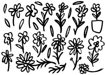 Hand-drawn floral elements, whimsical doodle flowers and leaves, perfect for creative designs and artistic projects