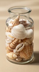 A clear glass jar filled with various seashells, evoking a sense of the ocean and beach. The seashells are of different shapes, sizes and colors, creating a beautiful composition.