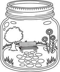 Garden Bench in Mason Jar &ndash; Whimsical Nature Scene Coloring Page