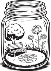 Garden Bench in Mason Jar &ndash; Whimsical Nature Scene Coloring Page