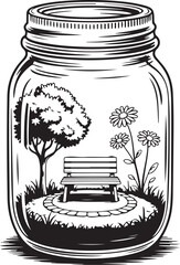 Garden Bench in Mason Jar &ndash; Whimsical Nature Scene Coloring Page