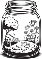 Garden Bench in Mason Jar &ndash; Whimsical Nature Scene Coloring Page
