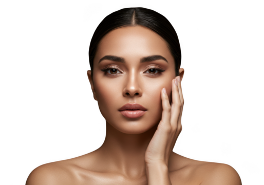 Elegant woman portrait with hand on face on transparent background